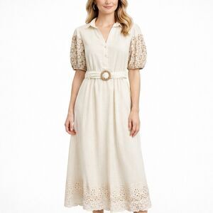 Solitaire Embroidered Puff Sleeve Maxi Dress Cottagecore Linen Blend XS